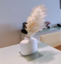 White feather plume in a round vase on the console